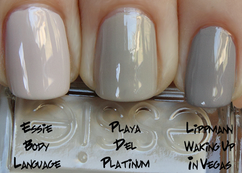 essie playa del platinum comparison with lippmann waking up in vegas and essie body language