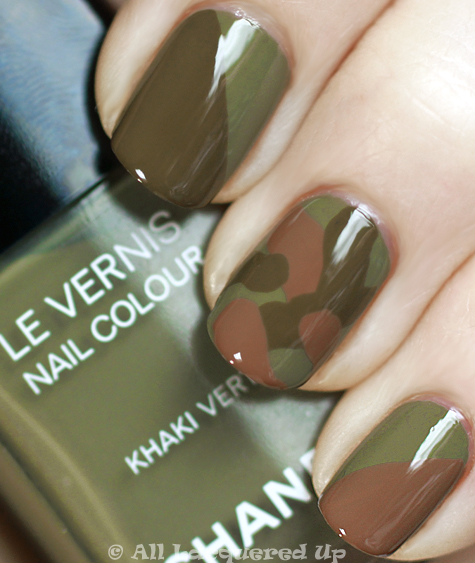 chanel khaki brun, khaki rose and khaki vert camouflage manicure from the khakis de chanel collection