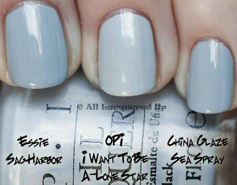 opi i vant to be a-lone star swatch comparison with china glaze sea spray and essie sag harbor