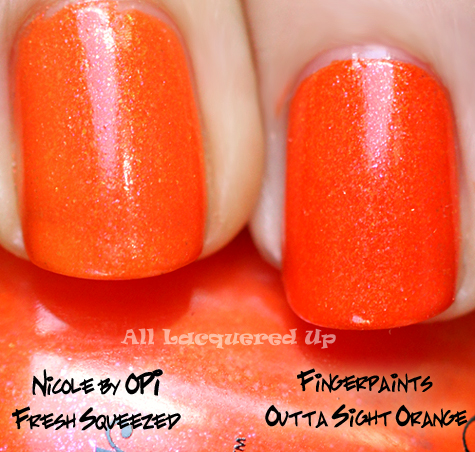 fingerpaints outta sight orange nail polish compared with nicole by opi fresh squeezed