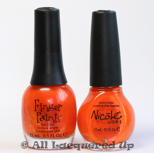fingerpaints outta sight orange nail polish compared with nicole by opi fresh squeezed