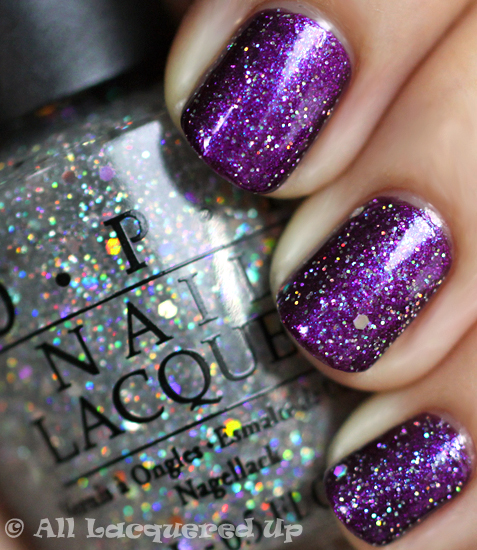 opi servin' up sparkle over opi grape set match nail polish swatch from the opi serena glam slam england 2011 collection