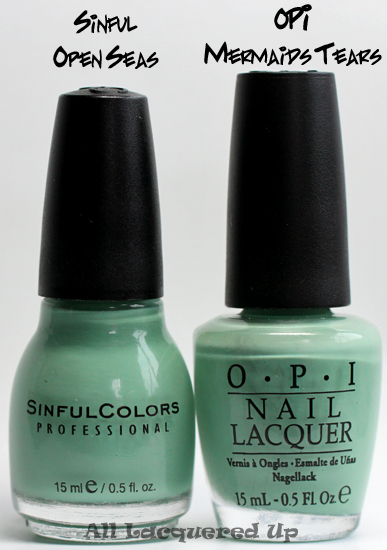 sinful open seas nail polish comparison with opi mermaid's tears potc