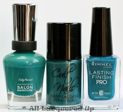 cult nails let me fly nail polish comparison with sally hansen fairy teal and rimmel marine blue