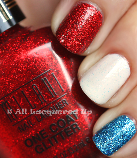 milani red sparkle blue flash nail polish swatch from the milani one coat glitter collection with china glaze cloud nine