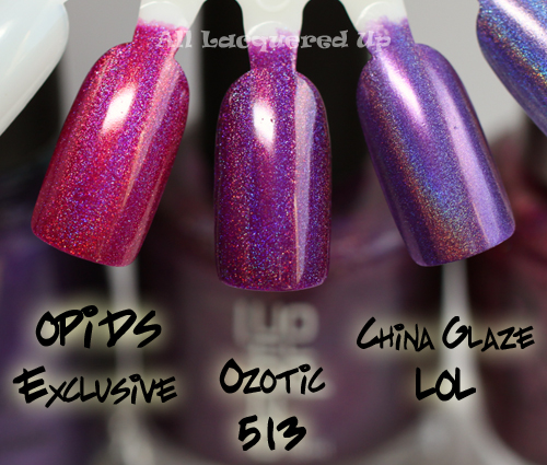 ozotic purple holographic nail polish 513 comparison swatch with opi designer ds exclusive and china glaze lol