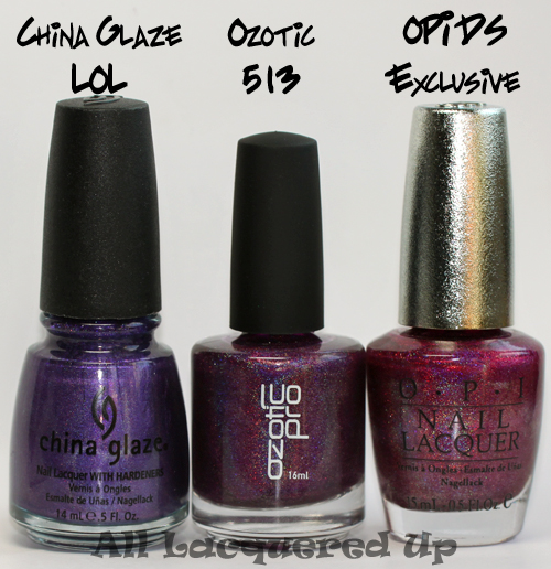 ozotic purple holographic nail polish 513 comparison with opi designer ds exclusive and china glaze lol