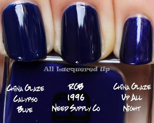 rgb 1996 need supply co nail polish comparison swatch dupe with china glaze up all night and china glaze calypso blue