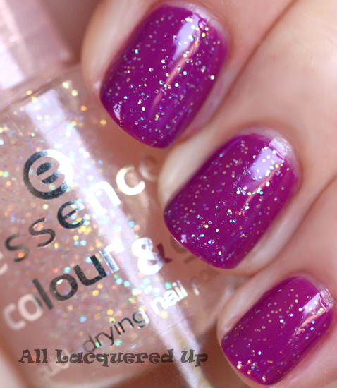 essence space queen glitter top coat layered over essence break through nail polish swatch