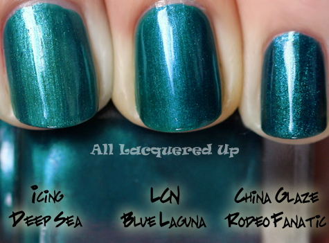 lcn blue laguna nail polish comparison swatch with china glaze rodeo fanatic and icing deep sea