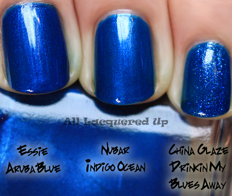 nubar indigo ocean nail polish comparison swatch dupe essie aruba blue