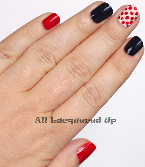 zoya sooki nail polish with cnd midnight sapphire nail polish swatch and nail art polka dot