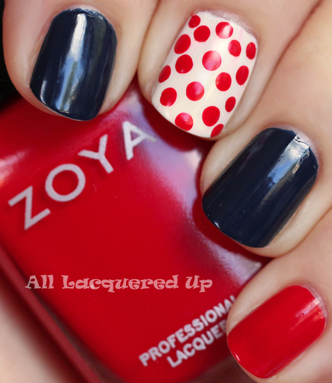 zoya sooki nail polish with cnd midnight sapphire nail polish swatch and nail art polka dot