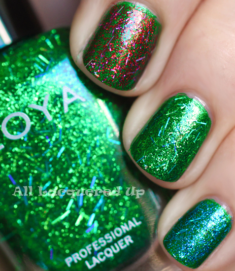 zoya rina, zoya kissy, zoya twila glitter top coats swatch over zoya holly from the zoya gems jewels holiday 2011 collection