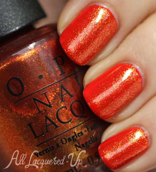 OPI A Woman's Prague-ative layered over My Paprika Is Hotter Than Yours