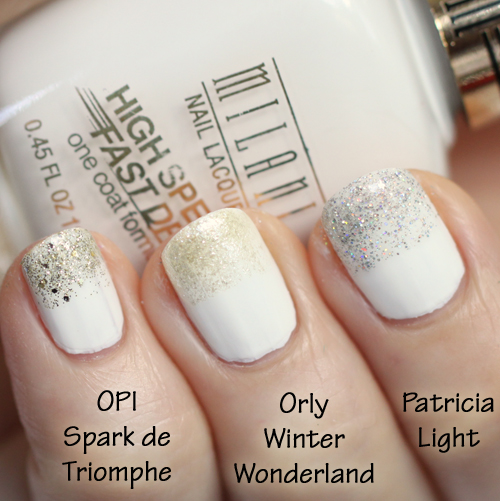 Glitter Tipped White Nails with OPI Spark de Triomphe, Orly Winter Wonderland and Patricia Light