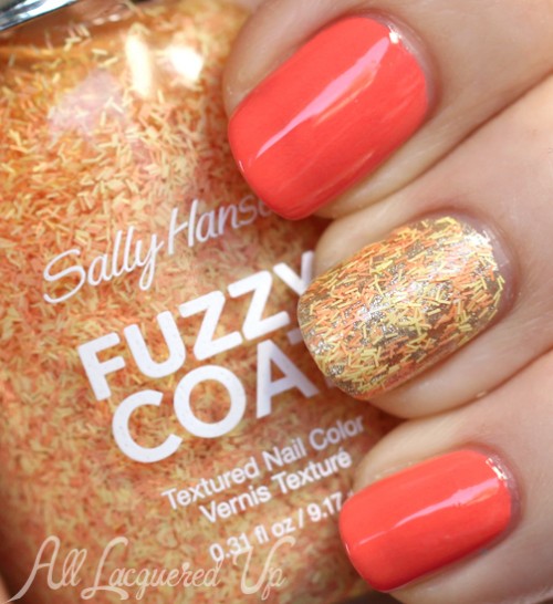 Sally Hansen Peach Fuzz Fuzzy Coat party nail with Coral Fever and Wedding Glitters