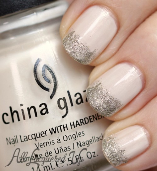 White Nails with Glitter Tips - China Glaze White Ice with Essie Beyond Cozy