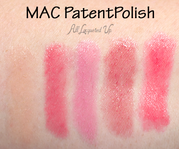 MAC Innocent, Kittenish, PatentPink, Spontaneous and Pleasant PatentPolish swatch