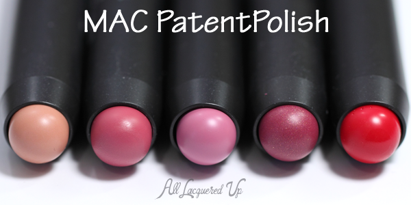 MAC Innocent, Kittenish, PatentPink, Spontaneous and Pleasant PatentPolish Lip Pencil