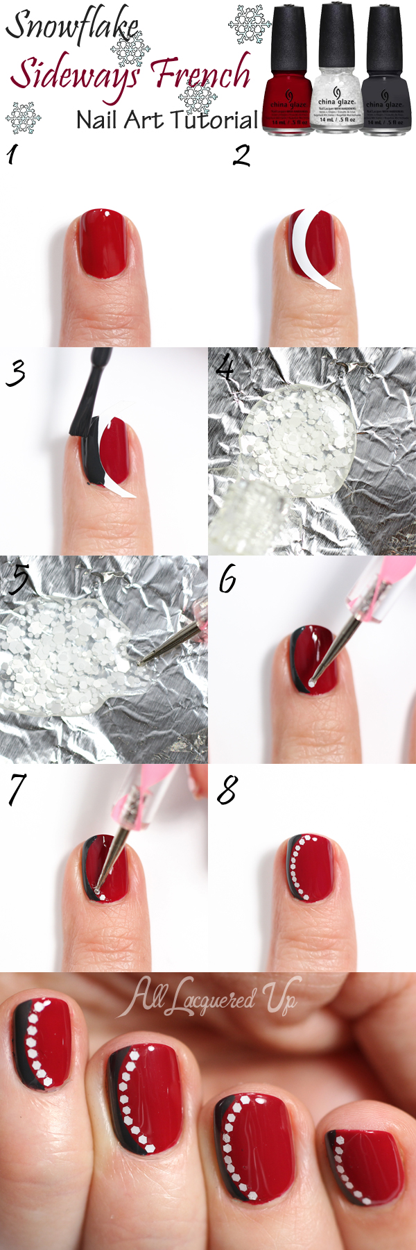 Snowflake Sideways French Manicure Nail Art Tutorial via @alllacqueredup