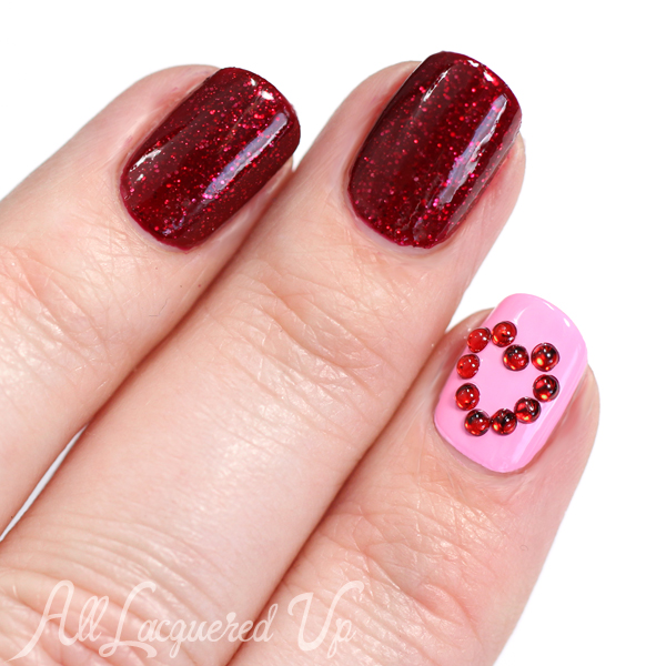 Valentine's Day Crystal Heart Nail Art via @alllacqueredup