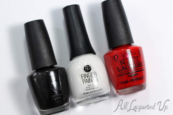 OPI Black Onyx, FingerPaints Paper Mache and OPI Big Apple Red via @alllacqueredup