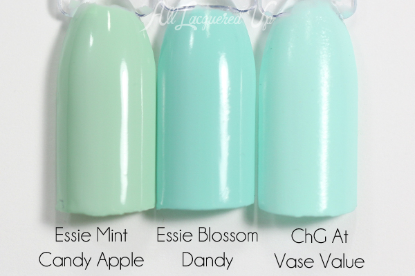 Essie Blossom Dandy swatch comparison via @alllacqueredup