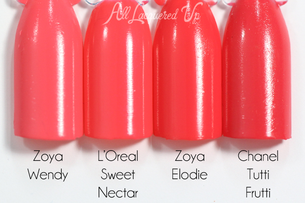 L'Oreal Sweet Nectar swatch comparison - Spring 2015 Haute Florals via @alllacqueredup