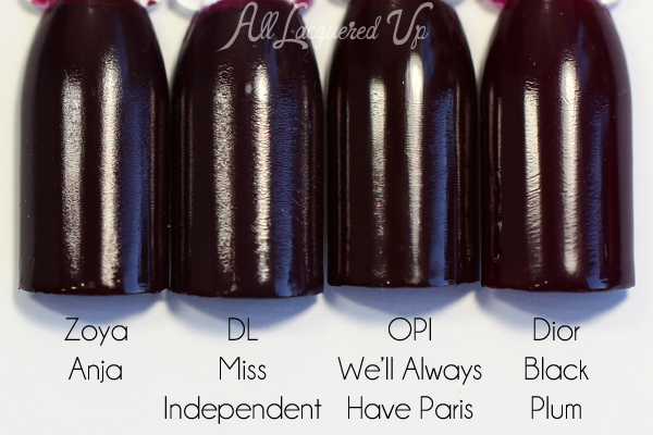 Deborah Lippmann Miss Independent swatch comparison via @alllacqueredup